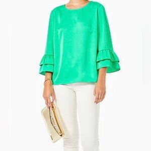 Lilly Pulitzer Vibrant Green Silk look Blouse with Ruffle Sleeves